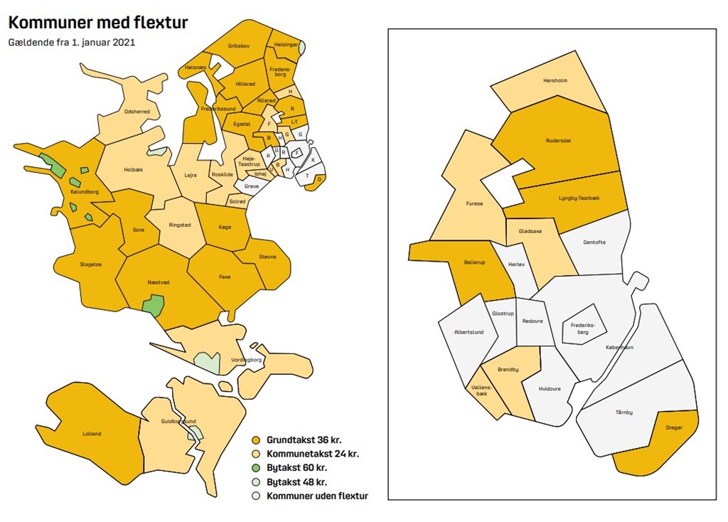 Kort over sjælland og hovedstaden der viser hvilke kommuner der deltager i flexordningen. Af nabokommuner til Brøndby er det kun Vallensbæk der også er med i flexordningen, desuden også Ishøj og Høje Taastrup