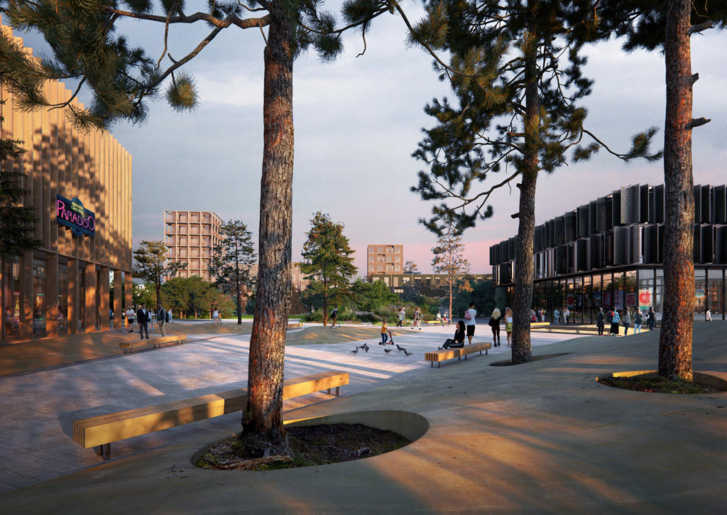 Et billede som illustrerer et forslag til et af de fremtidig byrum i Brøndby Strand