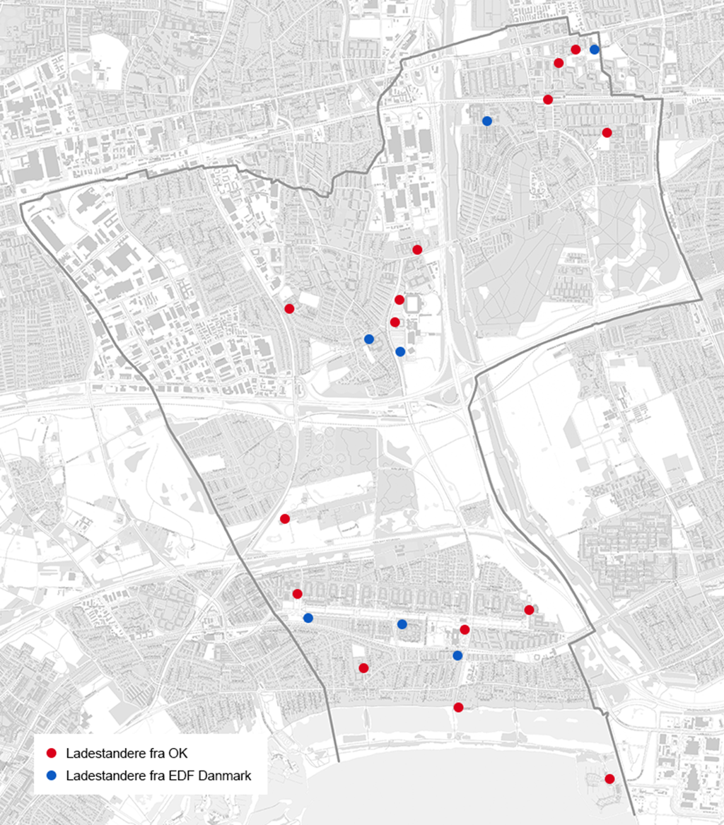 På disse 22 parkeringsområder i Brøndby vil de i alt 112 nye ladepunkter blive etableret.