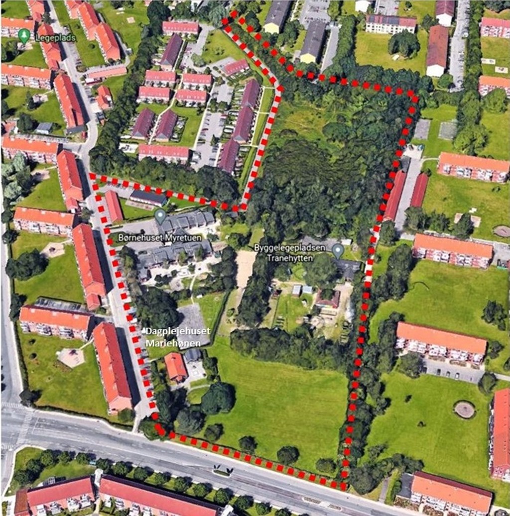 Markering af området på luftfoto: Forslag til kommuneplantillæg nr. 8 samt lokalplan 256