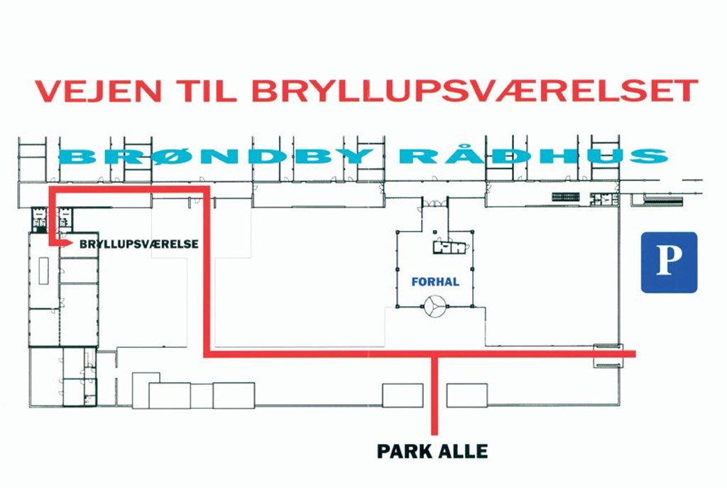 På billedet kan du se hvilken vej du skal gå, for at finde bryllupslokalet på Brøndby Rådhus